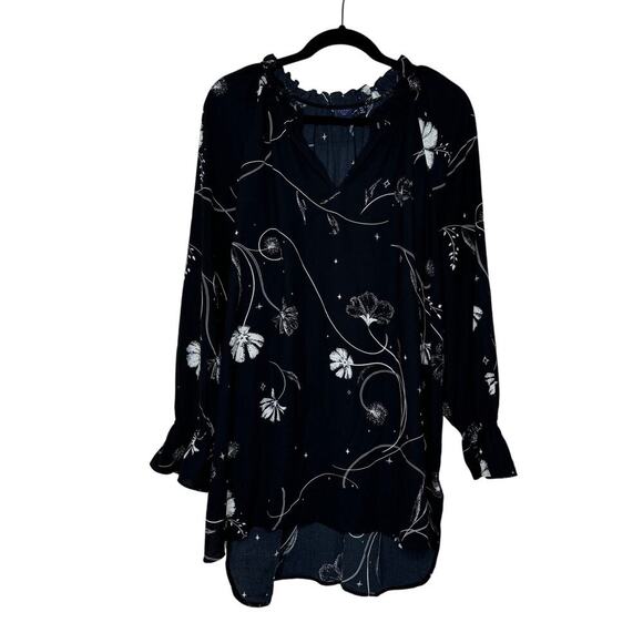Kaari Blue Black V Neck Elastic Cuff Blouse Top 2X - Picture 1 of 3